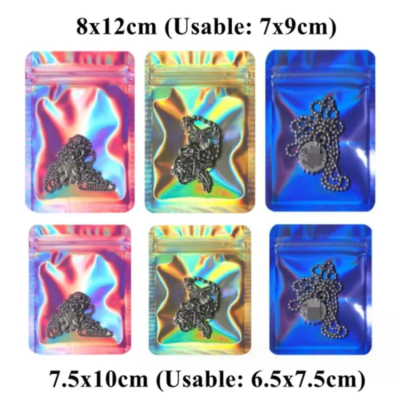 

100PCS Resealable Flat Holographic Laser Ziplock Plastic Bag DIY Jewelry Badge Chains Snack Tea Wedding Gifts Packaging Pouches