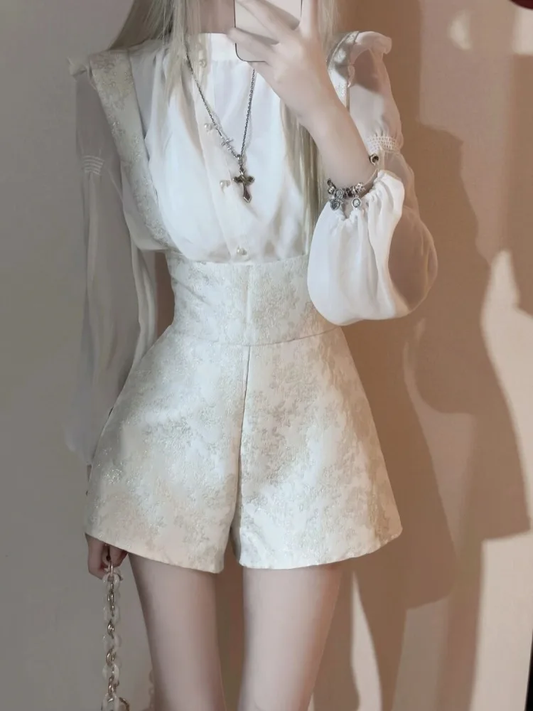 Simple O-neck Mesh Long Sleeve White Shirts Women+ Y2k E-Girl Adjustable High Waist Strap Shorts Spring New Two Piece Sets