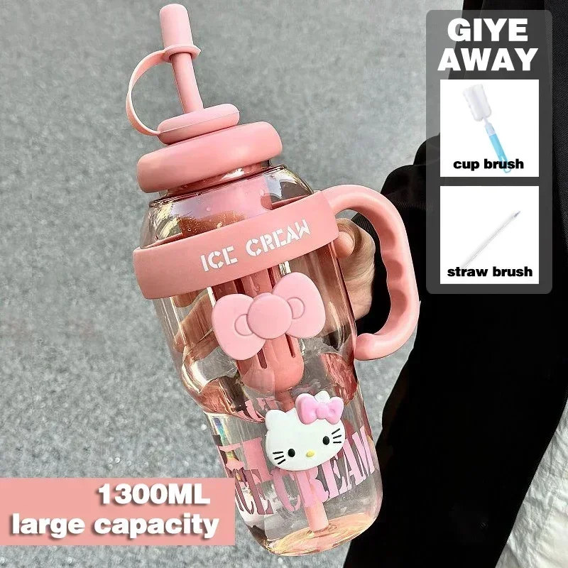 

1300 мл бутылка для воды с ручкой MINISO Hello Kitty, тренажерный зал, большая емкость, соломенная чашка для воды Kuromi My Melody, мультяшная детская чашка, подарок