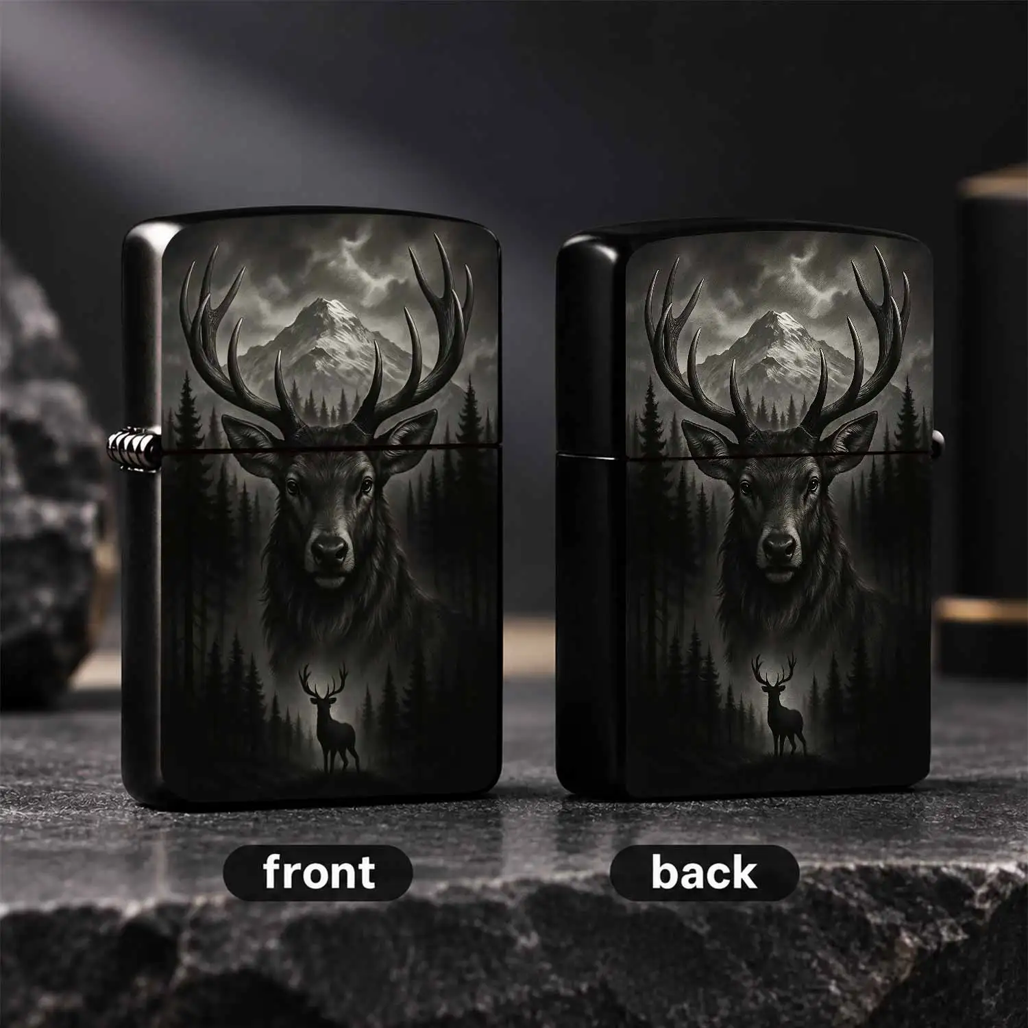 Portable Stylish Lighter with Dark Stag Mountain Forest Art Pattern, Sleek Aesthetic Design for Daily Outdoor Multi-Scenario Use, Ideal Unique Present for Personal Use, Exquisite Decorative Practical Accessory with Disti A Humorous And Inte