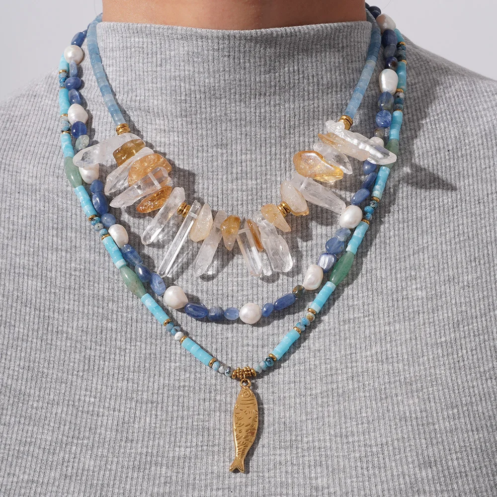 

Waterproof Natural Stone Beaded Necklace Layering Raw Crystal Quartz Point Pendant Freshwater Pearl Fish Charm Summer Jewelry