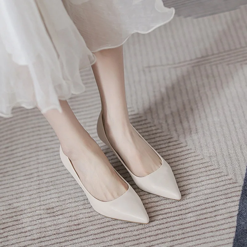 2024 Women 6.5cm High Heels Pumps Soft Leather Lightweight Casual Pointed Toe Plus Size Prom Formal Beige Nude Elegant Shoes