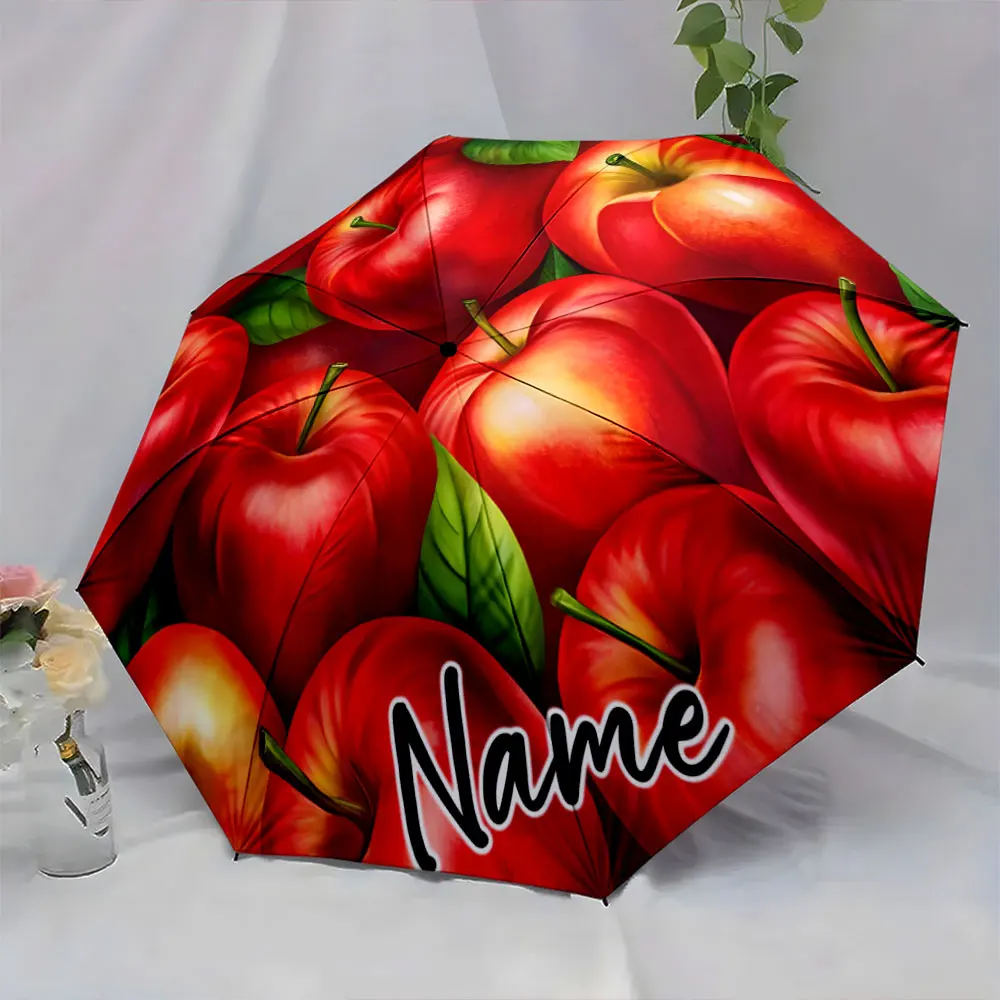 Custom Name Bright Red Apple Pattern Umbrella Print 8 Iron Ribs Folding Umbrella, Auto-Open Fashion Sunshade