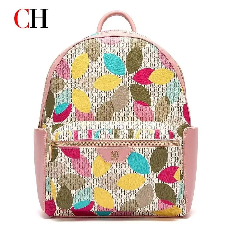 CH Luxury Women Backpack PU Leather Monogram Large Capacity Travel School Daily Fashion Designer Style Red Trim - view 3