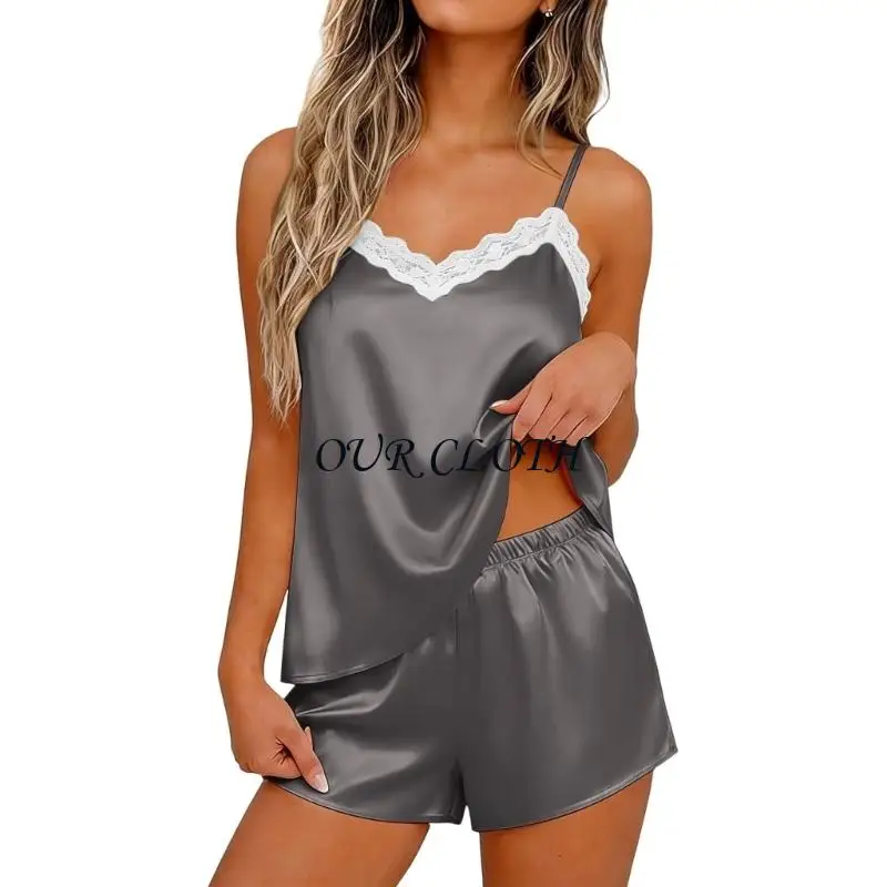 Comfortable Matching Pajama Shorts And Top Set With Elegant Lace Detail Y1AC