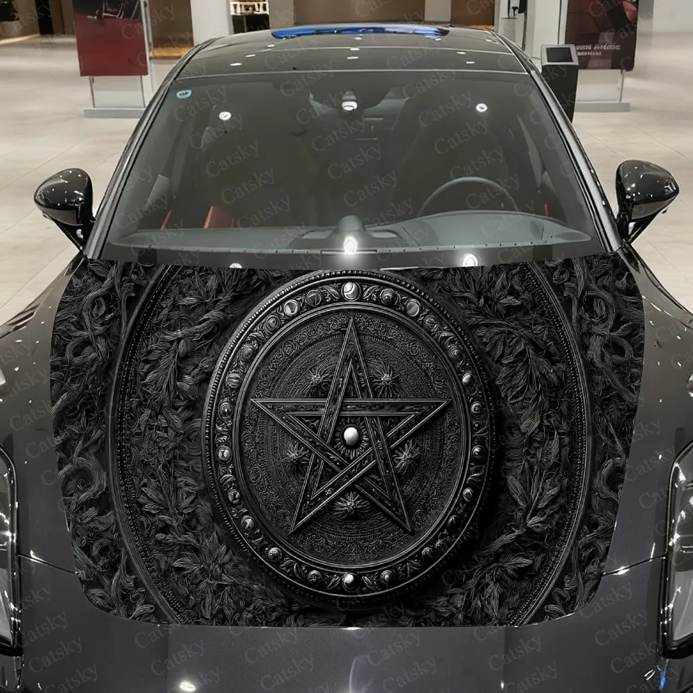 Gothic Vine Pattern Star Emblem Car Vinyl Wrap, PVC Waterproof Car Hood Sticker, Self-Adhesive Scratch-Resistant Stickers