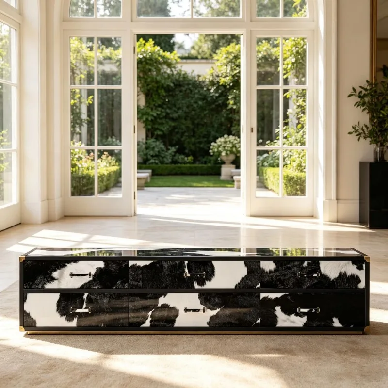 Luxury cowhide pattern TV cabinet, black high-gloss cabinet, gold metal decorative drawer