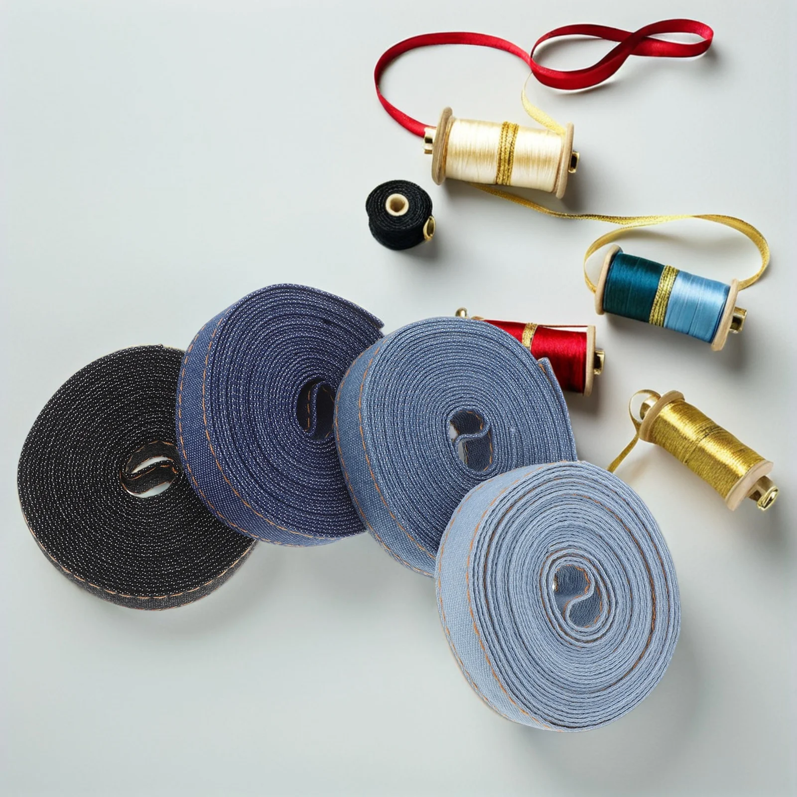 

4 Roll Denim Ribbon Set Sturdy Jean Fabric Ribbon Trim Cloth for DIY Crafts Hair Accessories Wedding Gift Wrapping 3 M