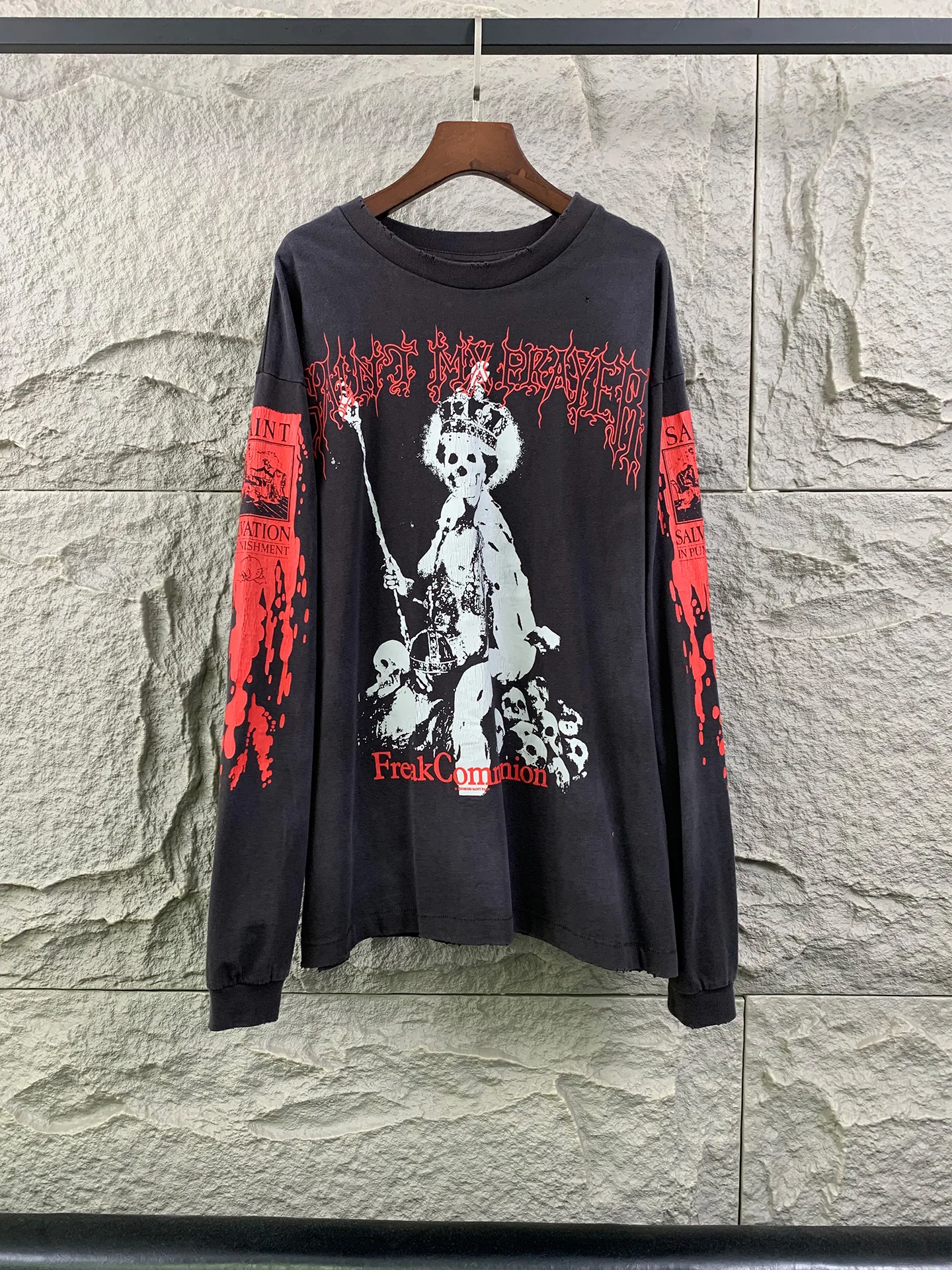

Heavyweight High Street Skull Tone Fog Print Vintage Waed Loose Long Sve T-irt Cotton Casual Sle ex Breathable