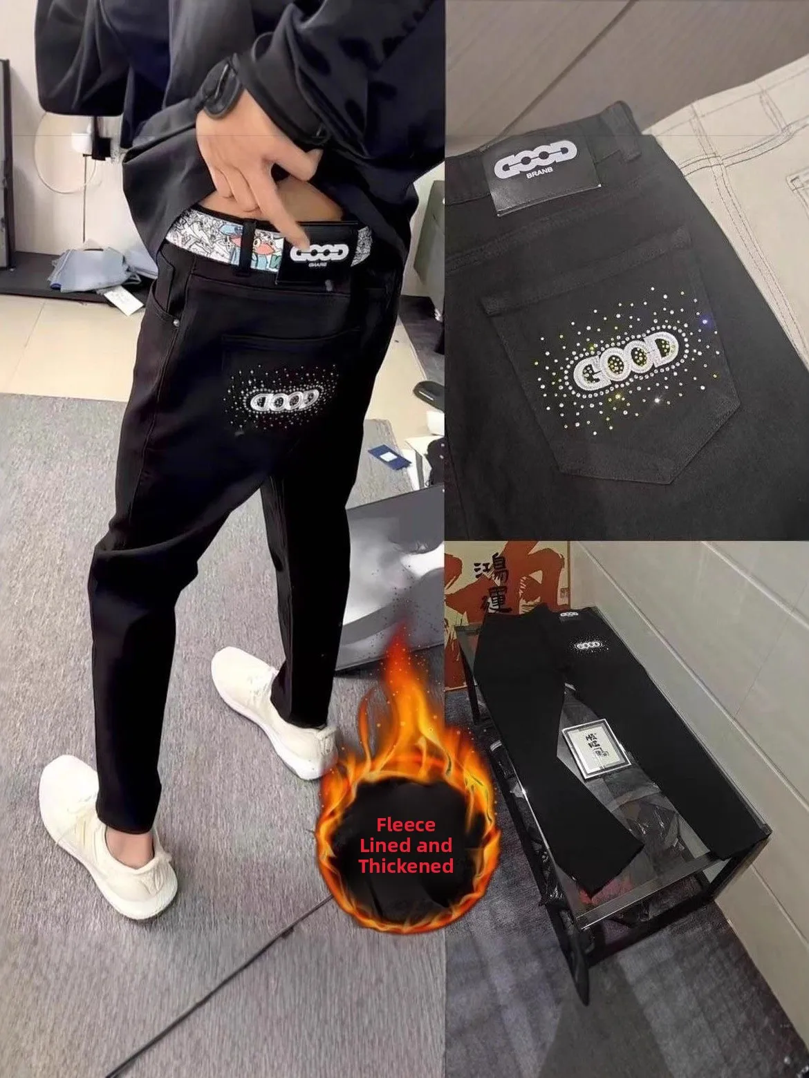 

Fce Lined Slim Fit Street Sle Jeans for Men Faionable Versatile Bootcut Warm And Wear Resistant Casual Travel Suitable