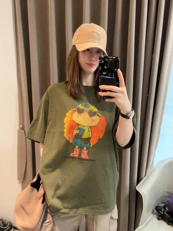 

Большие размеры 300, новая летняя женская свободная футболка для похудения ort Sve, удобный хлопковый топ с мультяшным принтом