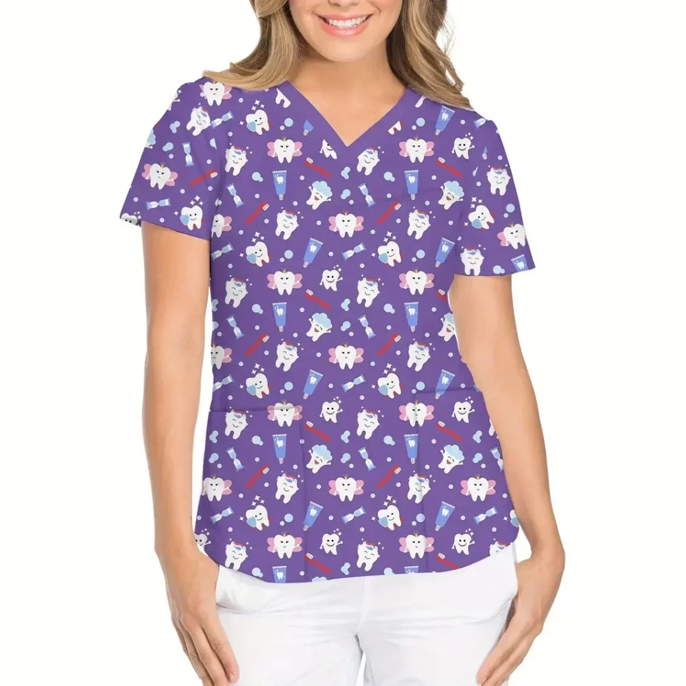 الزي السريري امرأة الأسنان الكرتون طباعة Microelastic الخامس الرقبة الأسنان المرأة فرك موضة قصيرة الأكمام بلايز الزي الجراحي #6