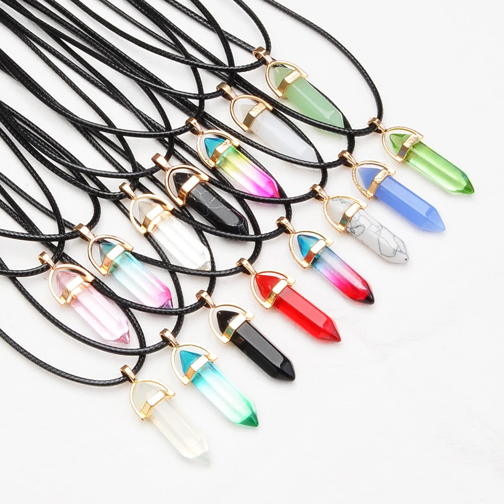 20PCS/set Random Fashion Hexagonal Column Pendants, Mixed Color Chakra Natural Stone Crystal Multi-color Pendant Necklace