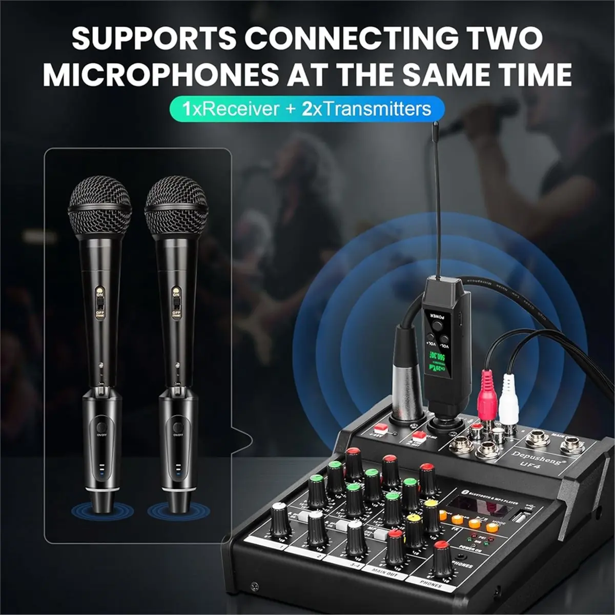 

Беспроводная микрофонная система [A75T] 2,4 ГГц, передатчик и приемник, радиус действия 150 футов, для PA-систем, аудиомикшеров (два передатчика)