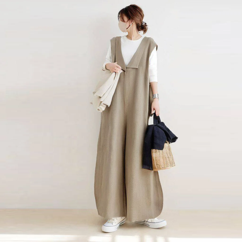 

Весна-лето-осень, хлопковый льняной комбинезон с откидным воротником, широкие брюки, комбинезон, женский модный костюм