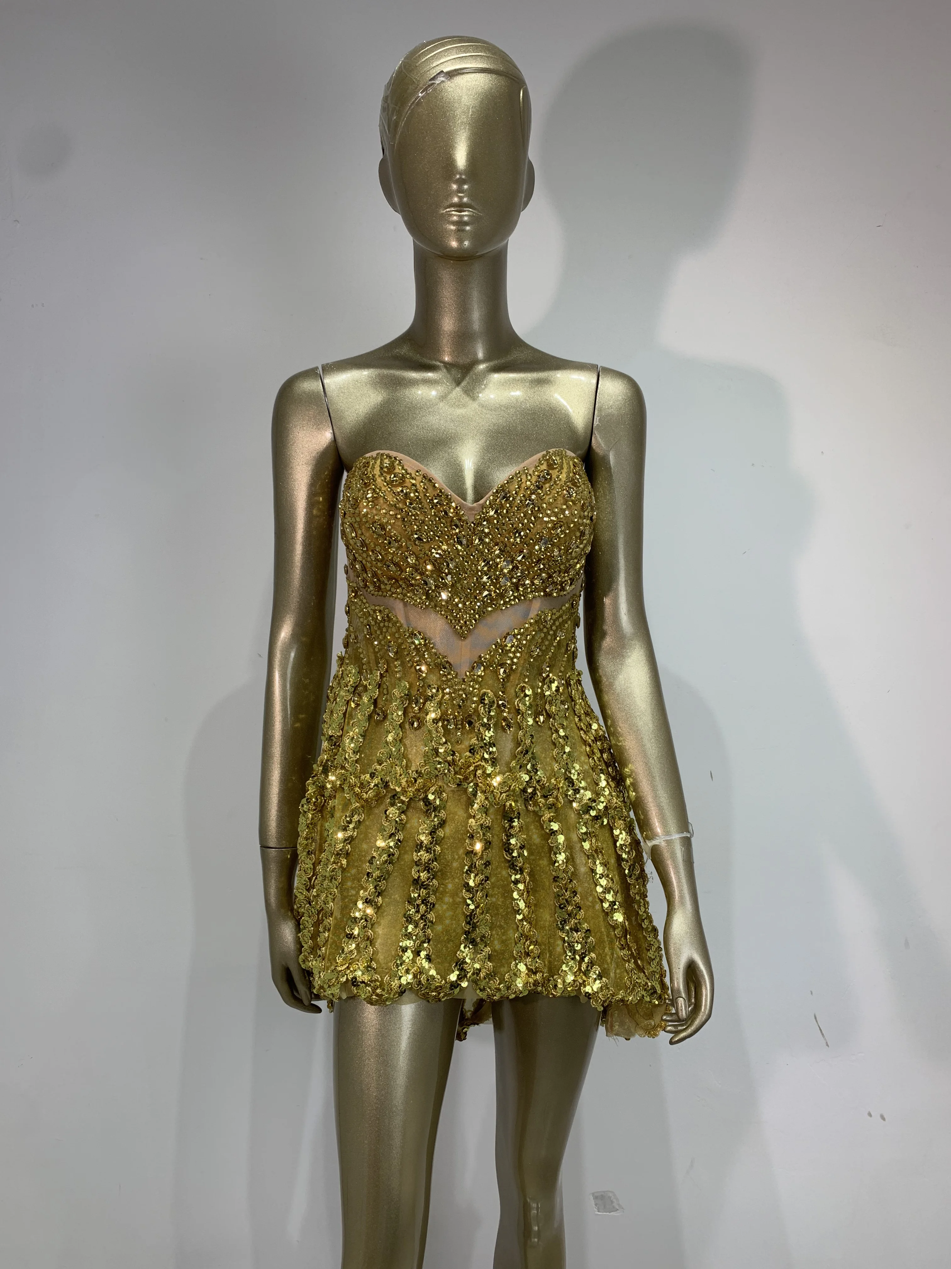 

Luxury Rhinestones Strapless Mini Dress Women Sexy Birthday Celebrate Evening Party Dress Photo Shoot Singer Stage Outfit