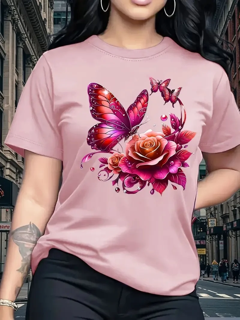 Hot Selling Women's Elegant Butterfly Rose Printed Quick Drying Short Sleeved T-shirt Outdoor Sports Round Neck Top Holiday Gift