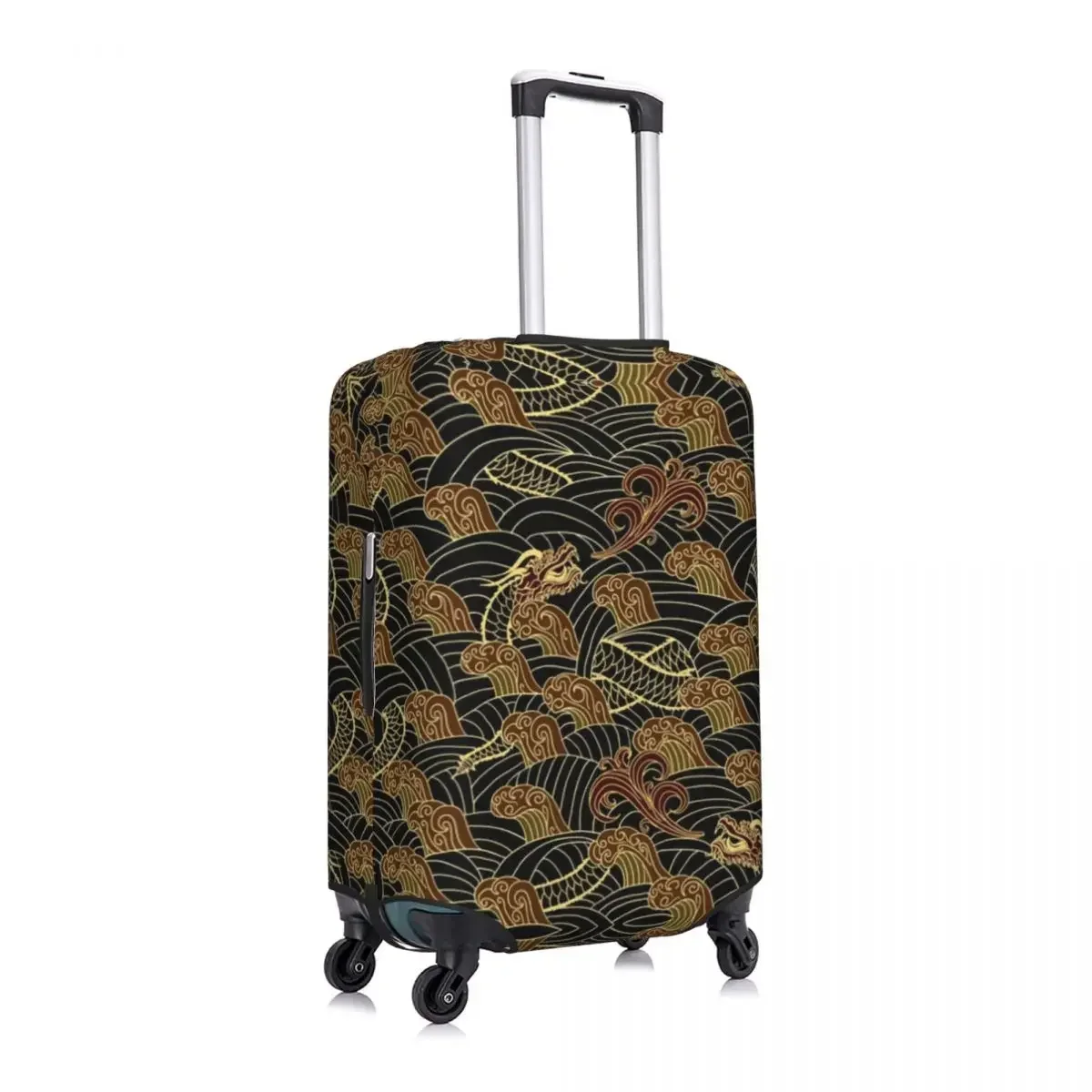 Custom Black And Gold Dragons Travel Luggage Cover Elastic Japanese Wave Suitcase Cover Protector Fit 18-32 Inch