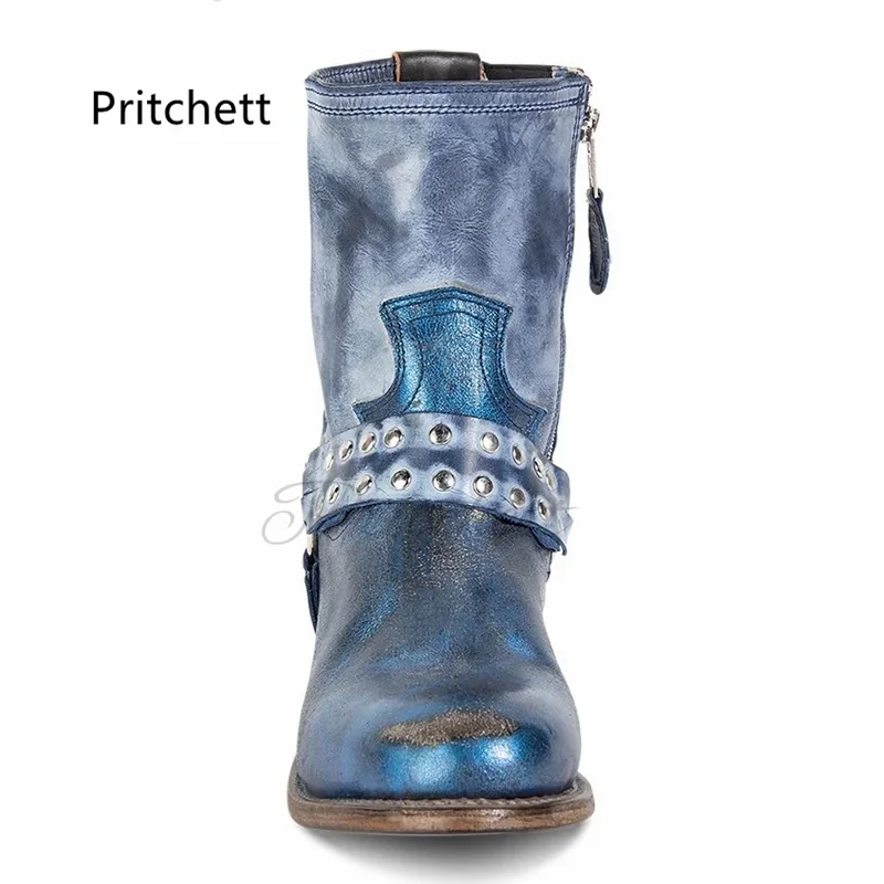 Women\'s Blue Genuine Leather Ankle Boots Rivet Buckle Strap Splicing Cowboy Boots Autumn Fashion Thick Heel Zipper Male Shoes