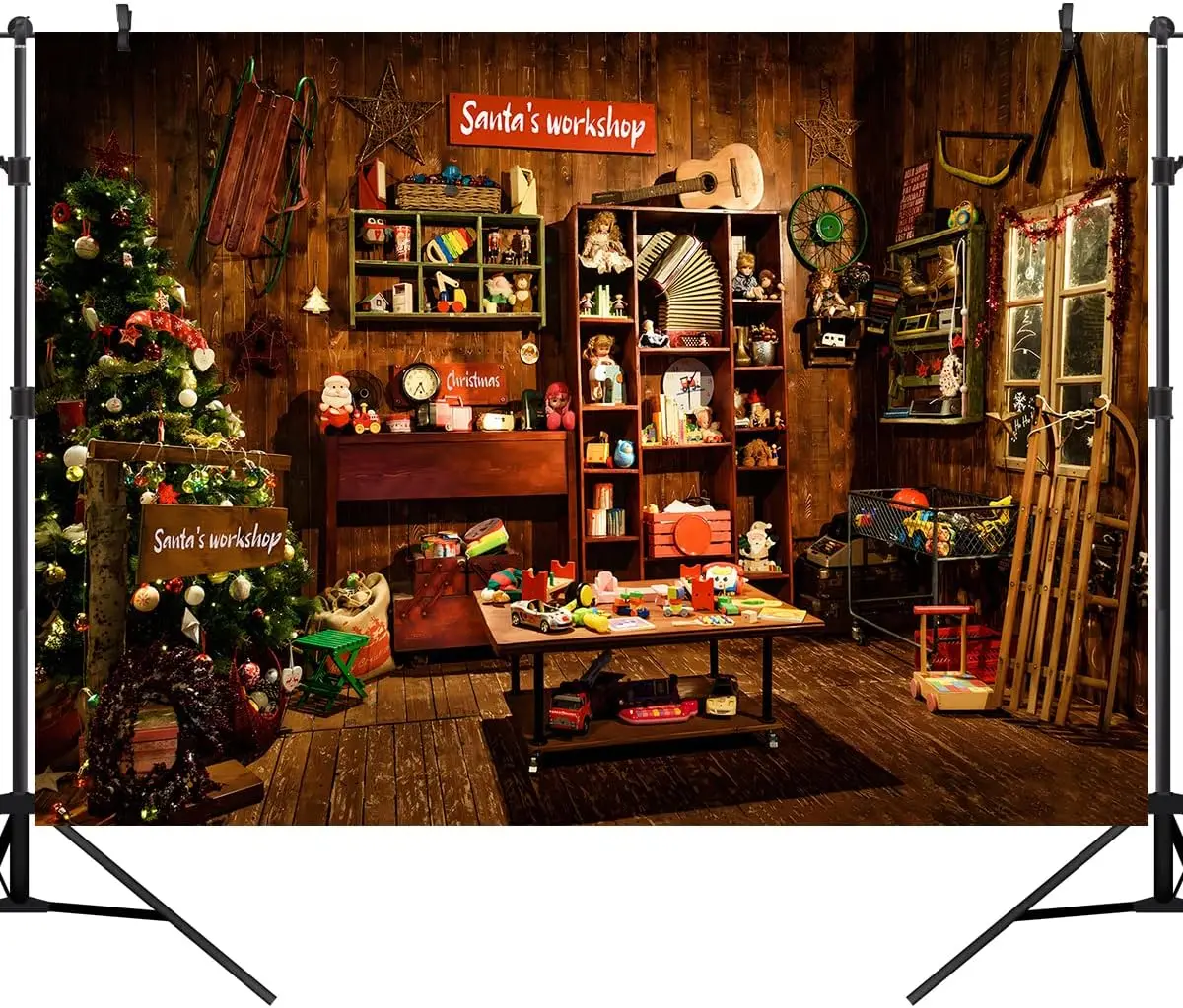 Christmas Santa's Workshop Vintage Rustic Wood House Cottage Gift Xmas Decor kids children photo background photography backdrop