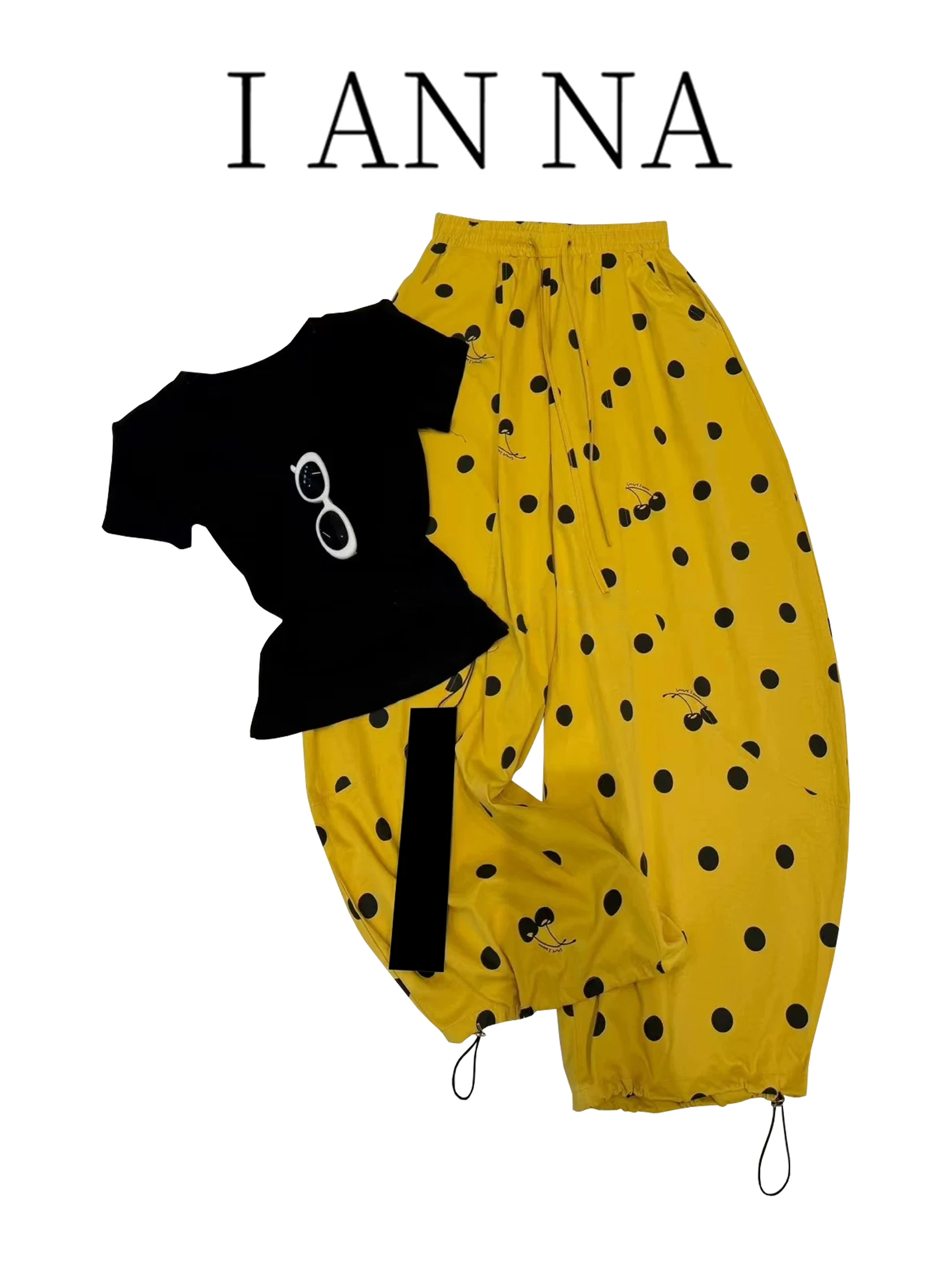 

Korean Style Women's T-Shirt And High Waist Pants Set Short Sleeve V-Neck Slim Fit Black And Yellow Polka Dot Casual Outfit