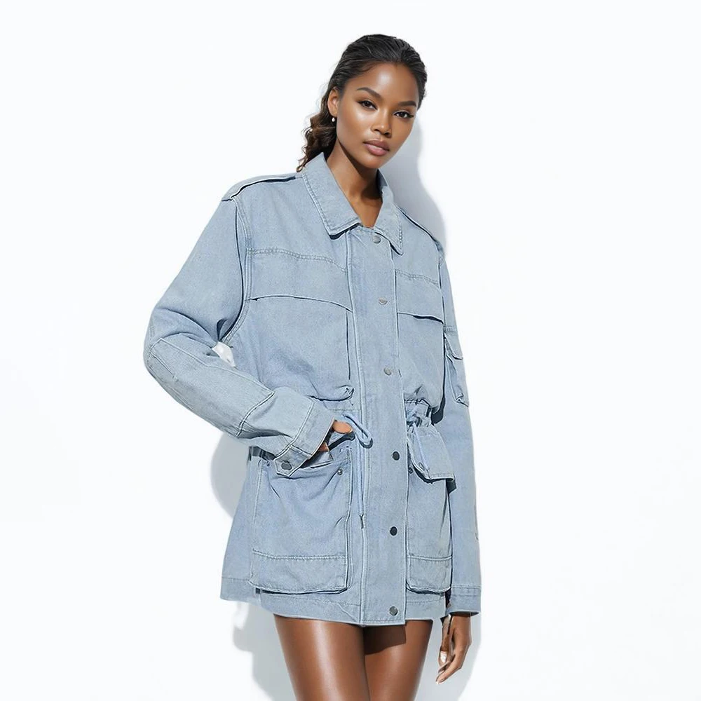 

Spliced Pockets Casual Loose Jackets For Women Lapel Long Sleeve Single Breasted Streetwear Coats Female Fashion