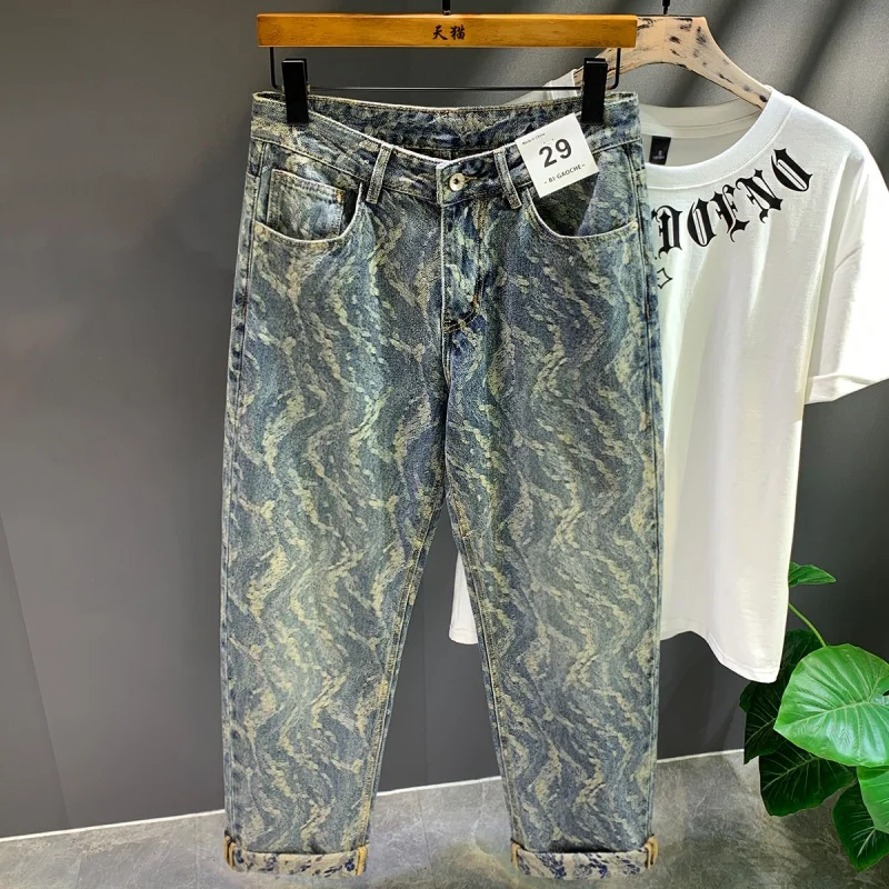 

High Street Trendy American Jacquard Full Print Jeans for Men Loose Straight Leg Personalized Trendy Wide Leg Pants for Men