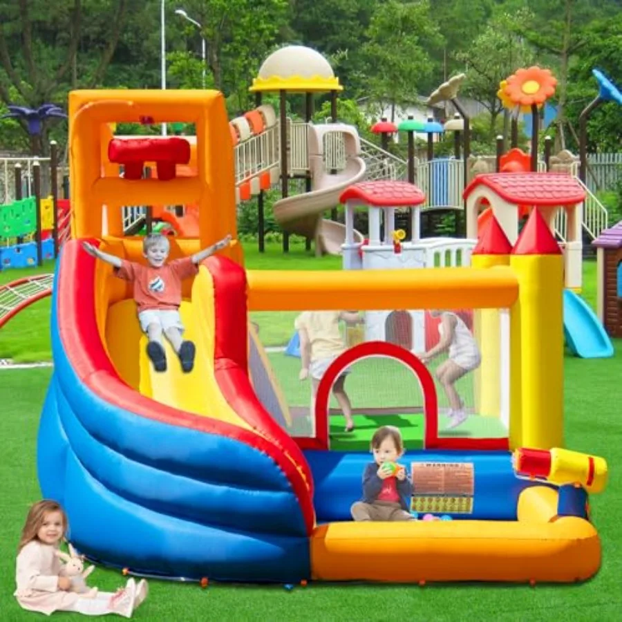 Toboggan aquatique gonflable pour maison de rebond – Parc aquatique d'arrière-cour pour enfants avec toboggan, piscine (poisson à balles), et décharge de seau pour extérieur/intérieur