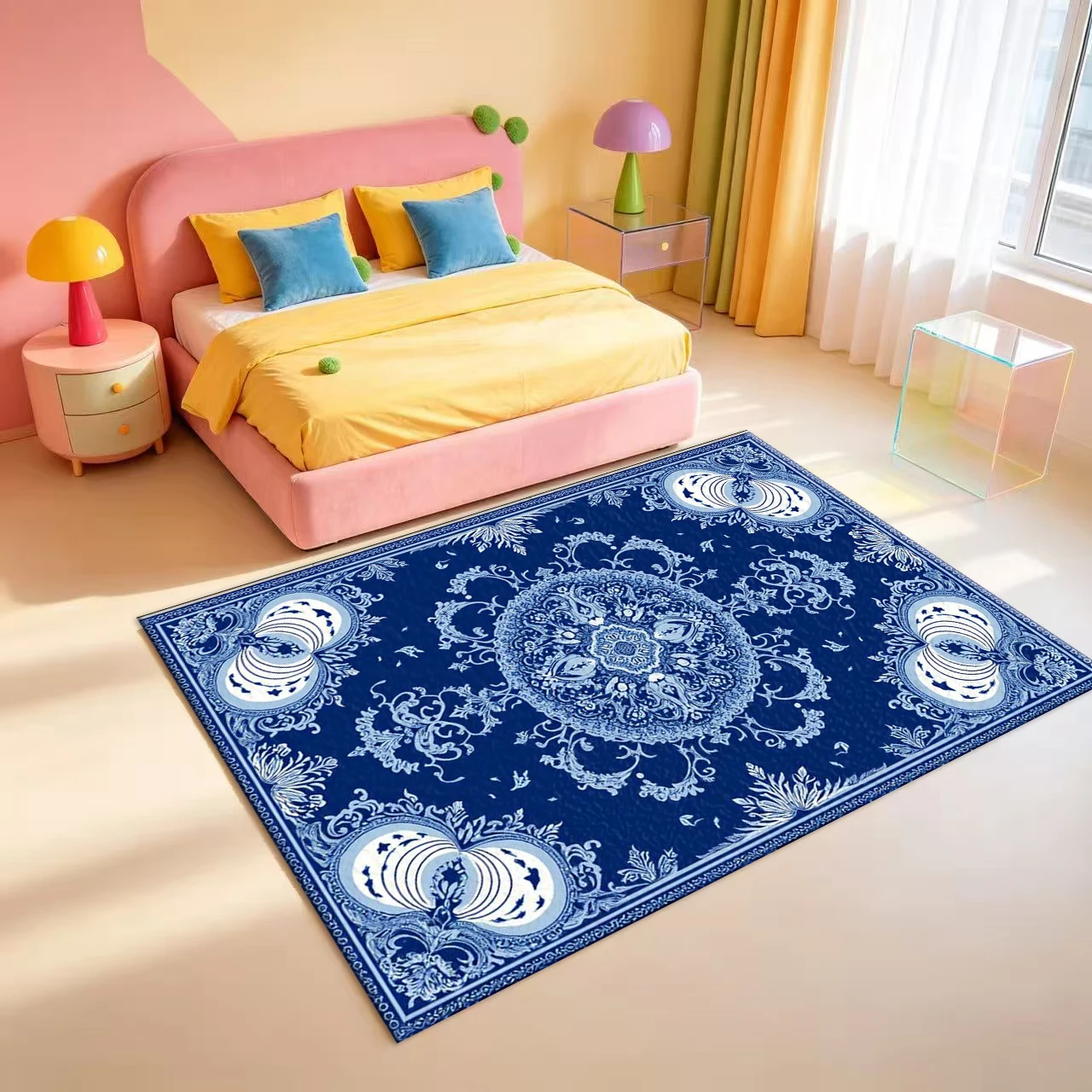 Royal Blue Vintage Ornate Medallion Carpet Flooring Classic European Style Area Rug For Living Room Home Floor Ornament