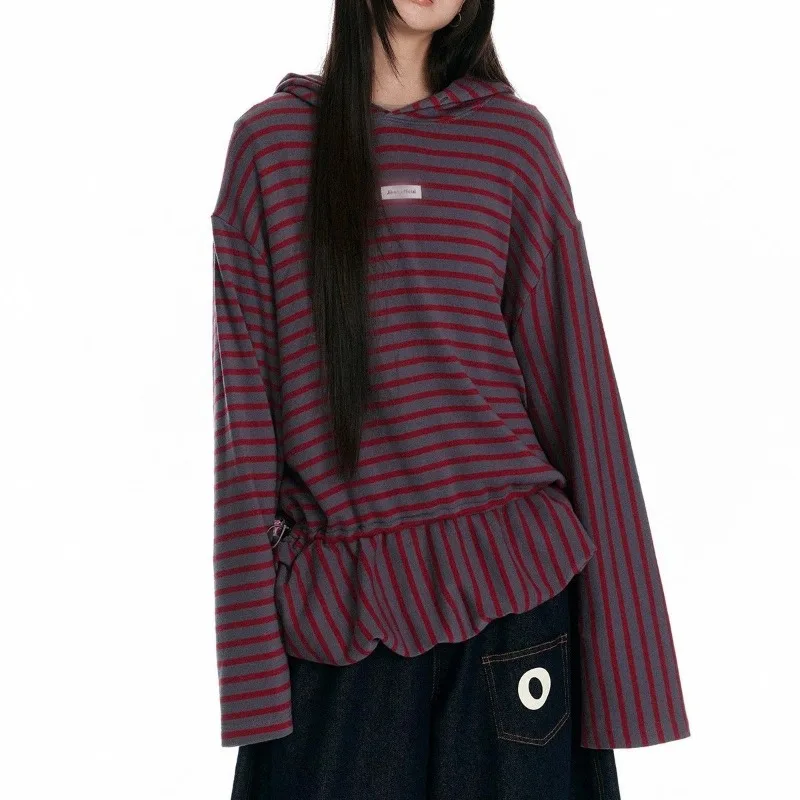 Long-sleeved Pullover Fashion Casual Loose Striped Contrasting Color Hooded Loose Sweatshirt Women's Autumn and Winter Tops
