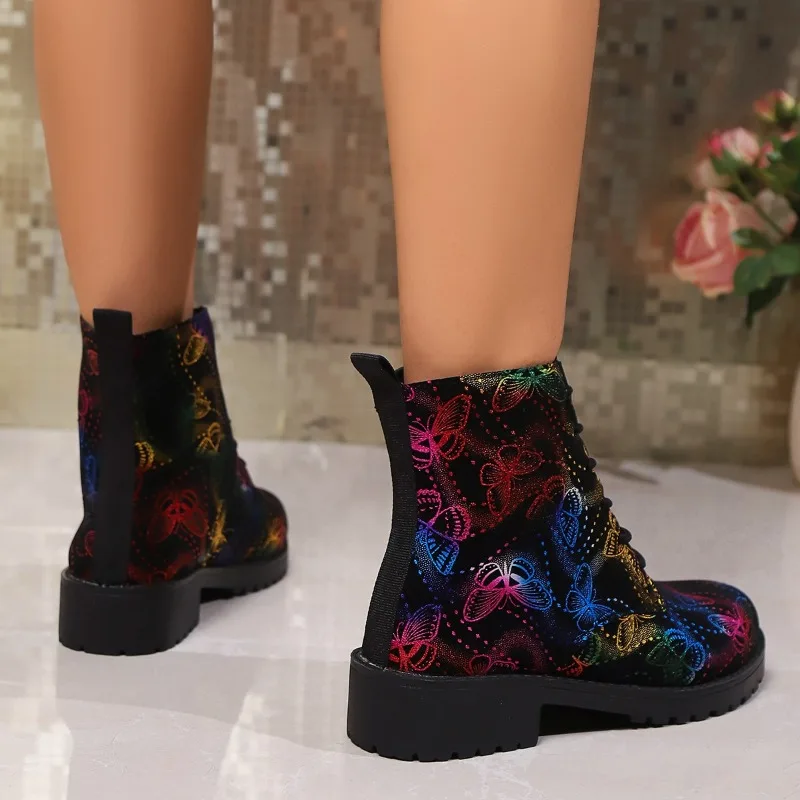 Autumn New Chunky Single Boots Women Fashion Round Head Deep Cut Front Lace-up Printed Soft Sole Non-slip Ankle Boots