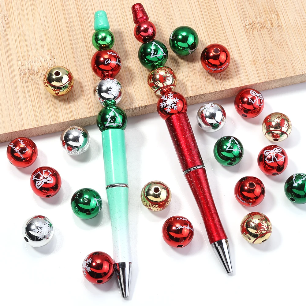 10pcs 16mm Christmas Acrylic Beads Red Green Round Beads Loose Spacer Bead For DIY Jewelry Making Bracelet Necklace Accessories