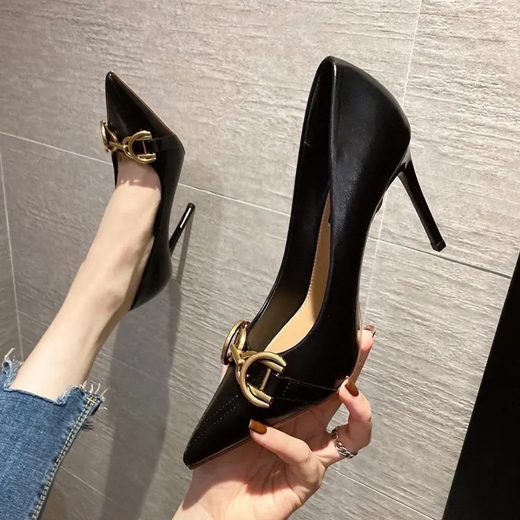 Versatile black high heels women's slim heels spring and autumn season new high-end workplace comfortable pointed single shoes