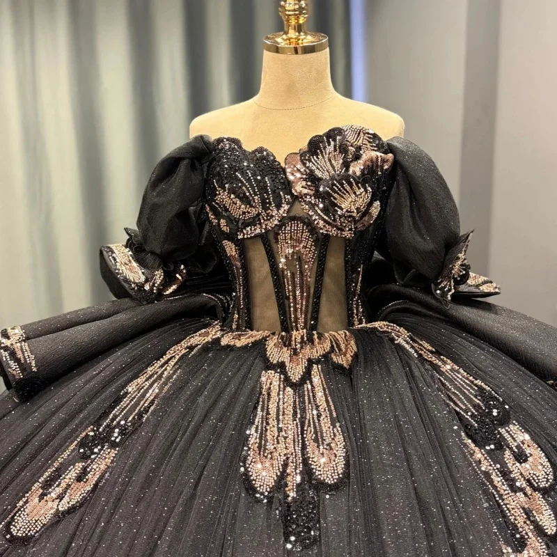 

Shiny Black Quinceanera Dresses off-shoulder Glitter Decal Lace layered ruffles Long tail Vestido De 15 Quinceanera Customize