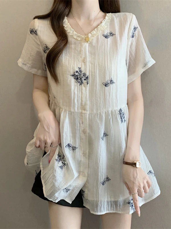 

Thin Short Sleeve Embroidered Ruffle Hem Chiffon Top Women's Summer New Style plus Size Doll Shirt Mid-Length Korean Style Bl...