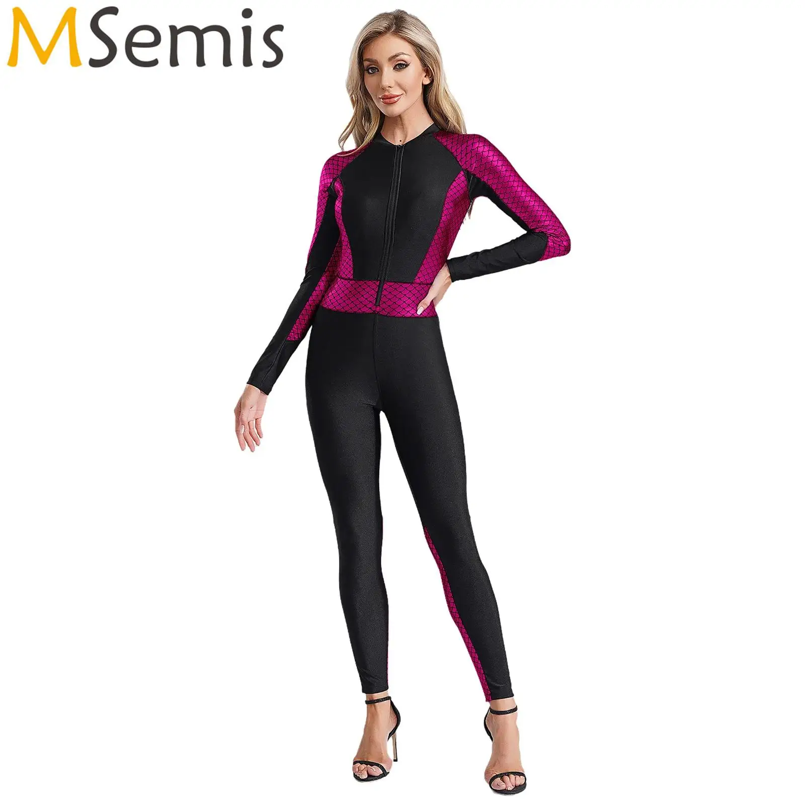 Women Full Body Swimsuit Mermaid Fish Scales Print Padded Wetsuit Front Zipper Rash Guard for Diving Surfing Kayaking Swimwear