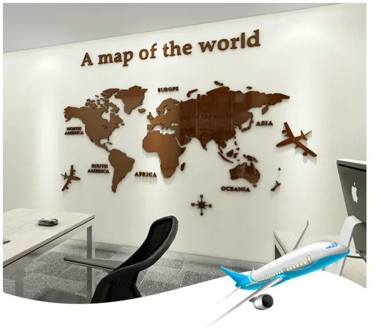 Fashion World Map Home Background Wall Stickers 3D Acrylic Three-dimensional Mirror Stickers Bedroom Office Wall Decor Stickers