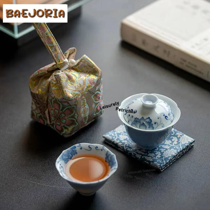 Hand Painted Peony Travel Tea Set Kit Handmade 1 Bowl 1 Cup Household Tea Maker Organizer Portable Camping Tote Bag Cafes Craft