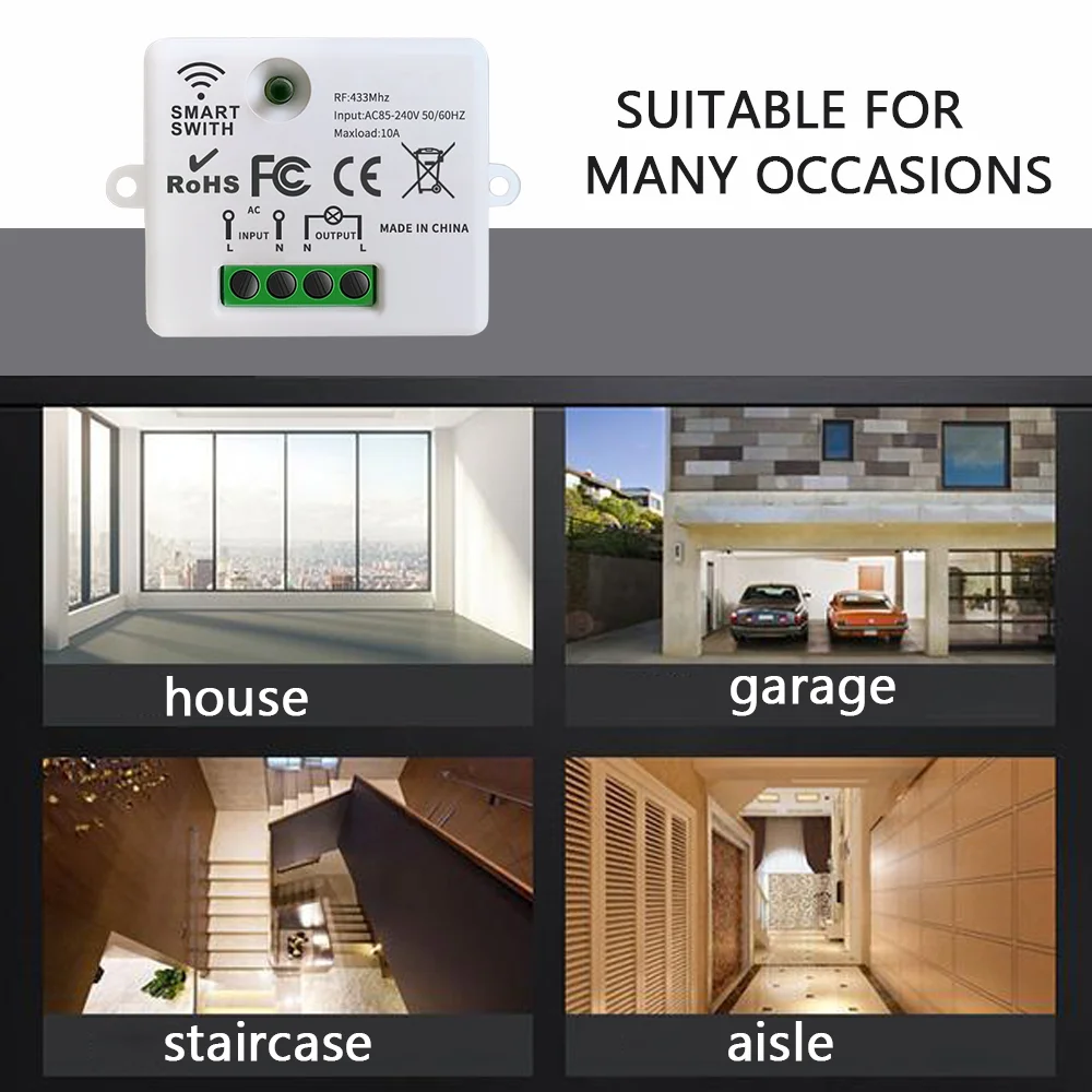Interrupteur de commande à distance sans fil, 433Mhz, AC 220V 10A 1CH RF, Mini relais récepteur et émetteur AB pour éclairage lampe LED