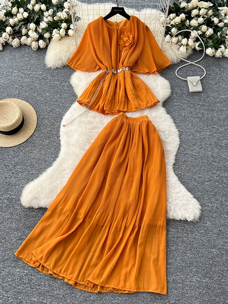 

Women Summer Skirt Sets New Fashionable Three-dimensional Flower Short Sleeved Chiffon Top Pleated Skirt Two-piece Set C111