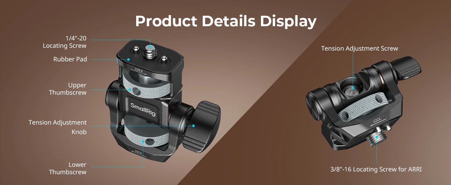 SmallRig-Monitorhalterung für horizontale und vertikale Aufnahmen mit ARRI 3/8"-16 Positionierungsschraube bietet 180°-Bewegung. ° Neigung und 360-Grad-Drehung ° Pan -6314 – Detail 5
