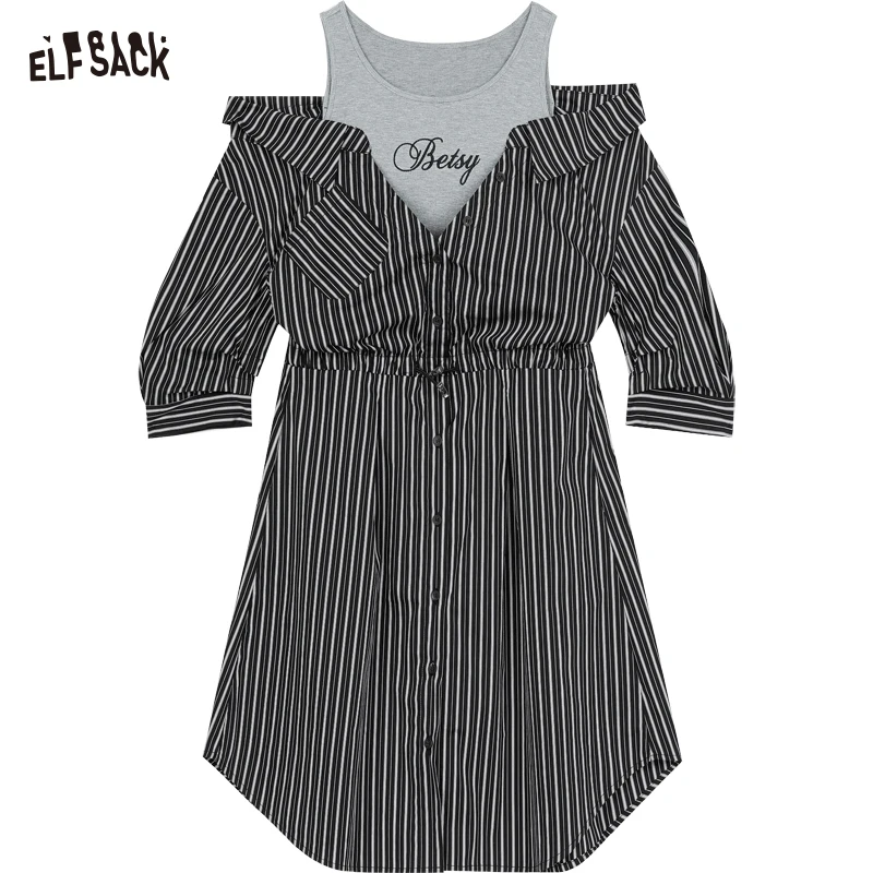 2024 Autumn ELFSACK New Arrivals Black striped button fake two-piece off-shoulder waist slimming temperament shirt dress for wom