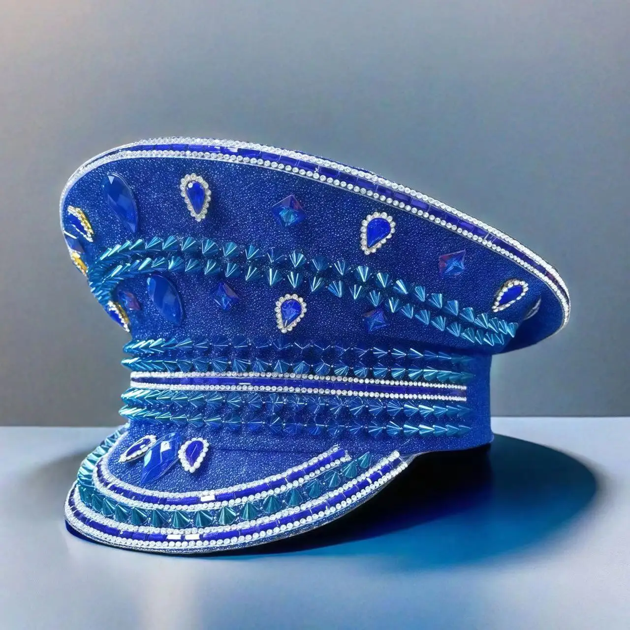 قبعة كابتن Steampunk زرقاء عتيقة من HongLuan بحجر الراين لحرق الرجل والمهرجانات النسائية، والإكسسوارات العسكرية، وأزياء الهالوين