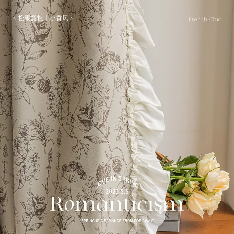 French High-precision Full Blackout Floral Ruffle Side Hall Modern and Simple Curtains for Living Dining Room Bedroom