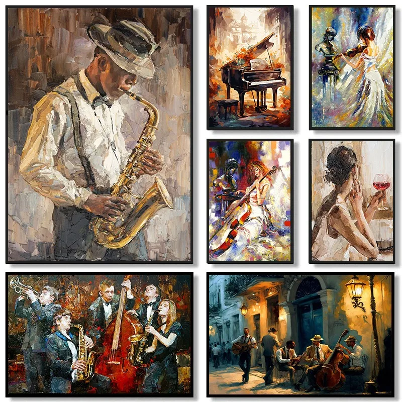 Vintage Musik Öl Jazz Saxophon Violine Gitarre Klavier Poster und Drucke Leinwand druck Wand kunst Bild für Wohnzimmer Dekor