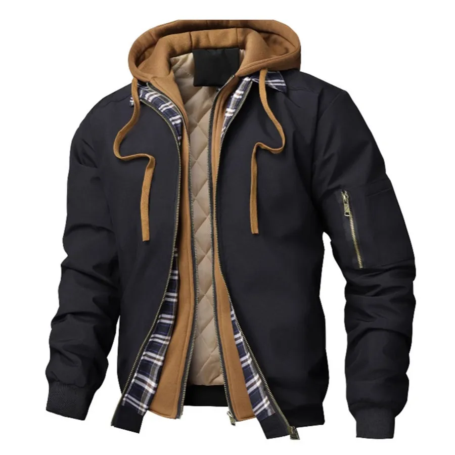 

2026 Новое ретро-поддельное пальто из двух предметов, мужские куртки с капюшоном и хлопковой подкладкой с цветными блоками, уличная хип-хоп Harajuku, зимняя свободная верхняя одежда