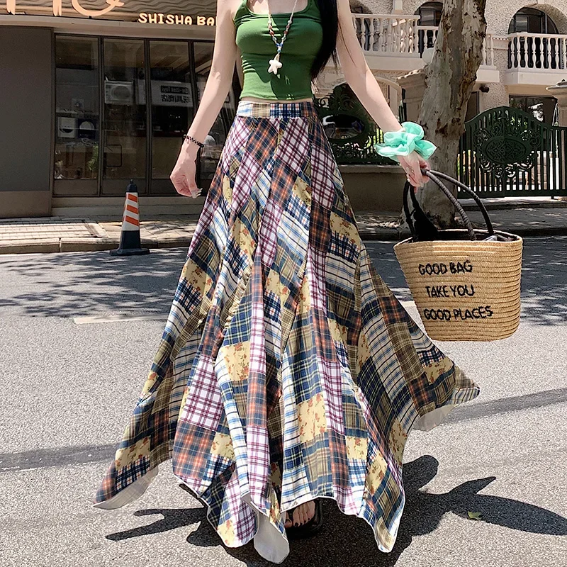 Design Women Plaid Spliced Women’s Irregular Ruffle Skirts 2025 Summer Ladies High Waist Casual Long Skirts