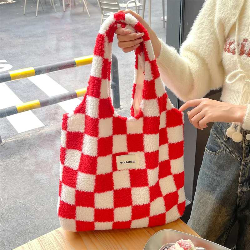 

New Fashion Retro Colorful Checkerboard Plush Tote Bag for Women Large Capacity Shoulder Bag Handbag Portable Shopping Bag