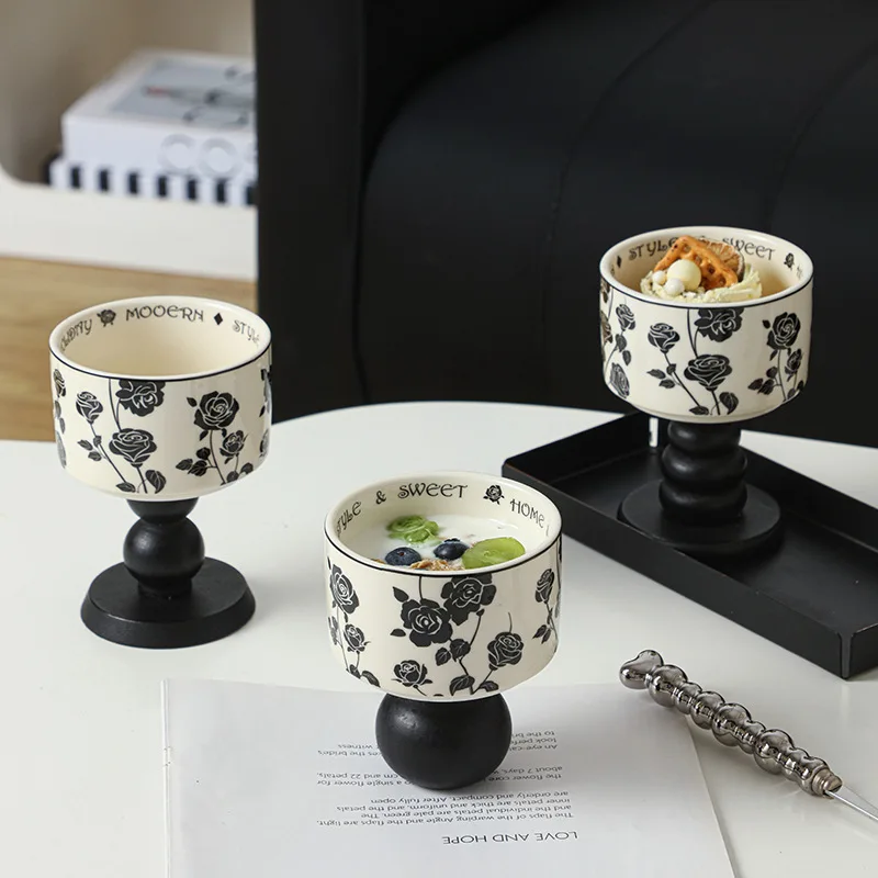 Hepburn Black Rose dessert cup High appearance level Ceramic cup vintage tall glass Ice cream cup household candle cup water cup