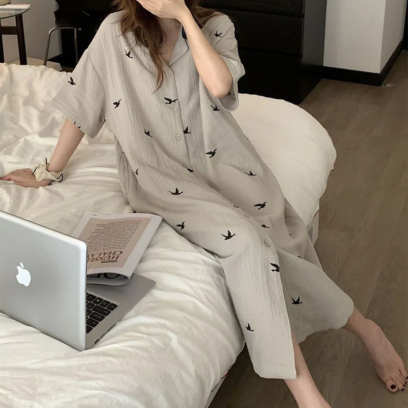 Bird Print Omen Nightgown Summer Korean Sleepwear Ruffles Night Dress Turn Down Collar One Piece Pajamas Short Sleeve Home Wears